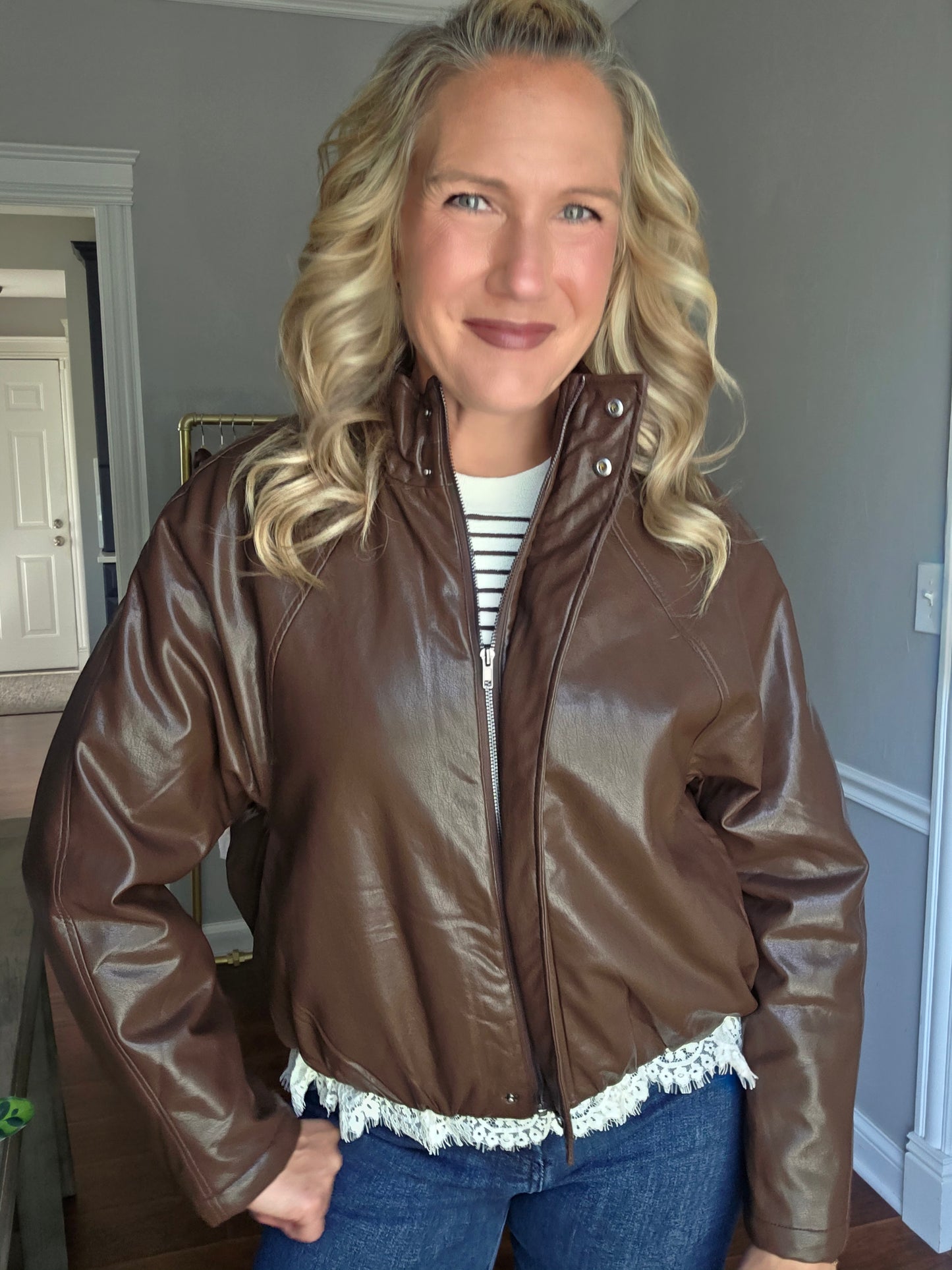 Brown Faux Leather Bomber Jacket w/ Funnel Neck