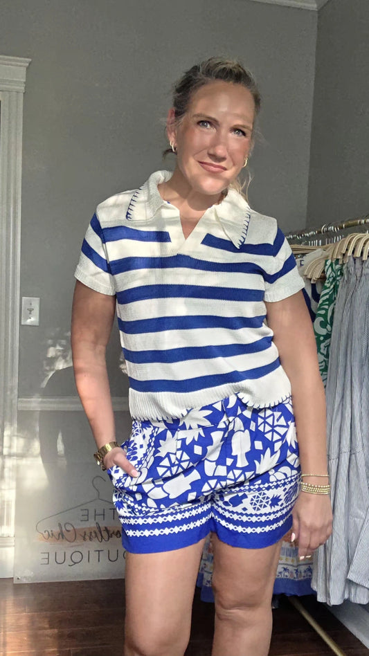 Royal Blue Striped Knit Collared Top