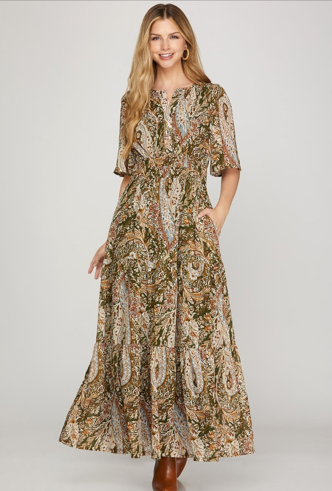Olive Paisley Flutter Sleeve Maxi Dress