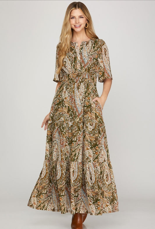 Olive Paisley Flutter Sleeve Maxi Dress