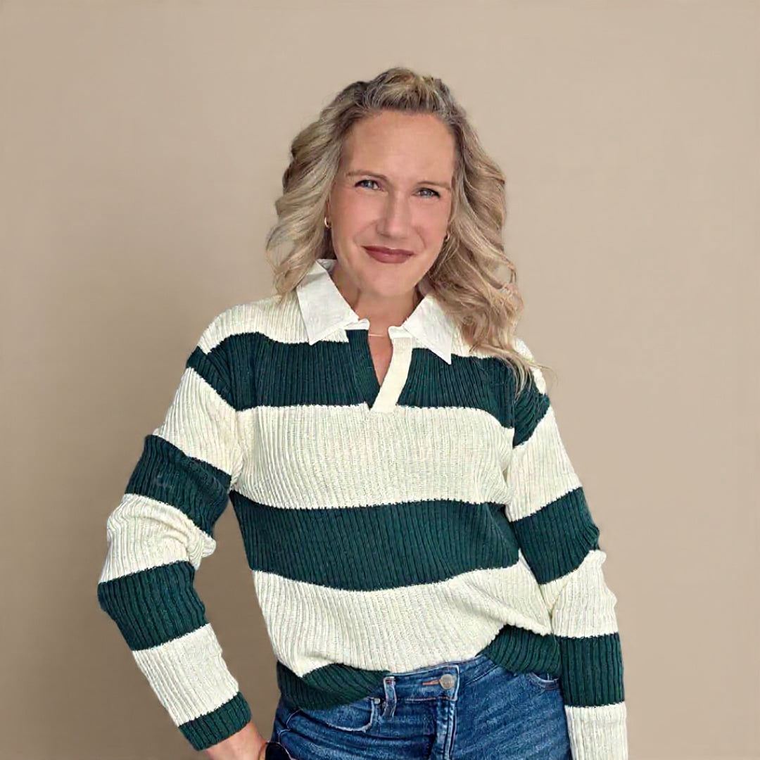 Green Striped Ribbed Knit Sweater