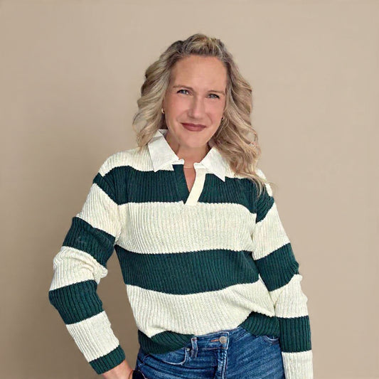 Green Striped Ribbed Knit Sweater