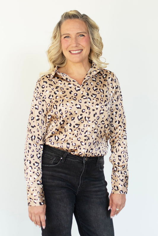 Silk Leopard Button-Down Top