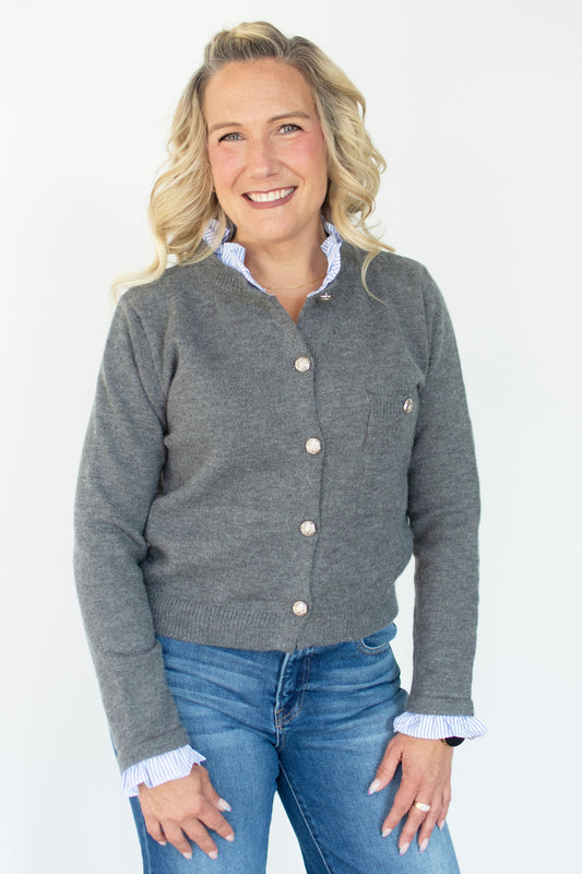 Grey Cardigan w/ Blue Striped Accents