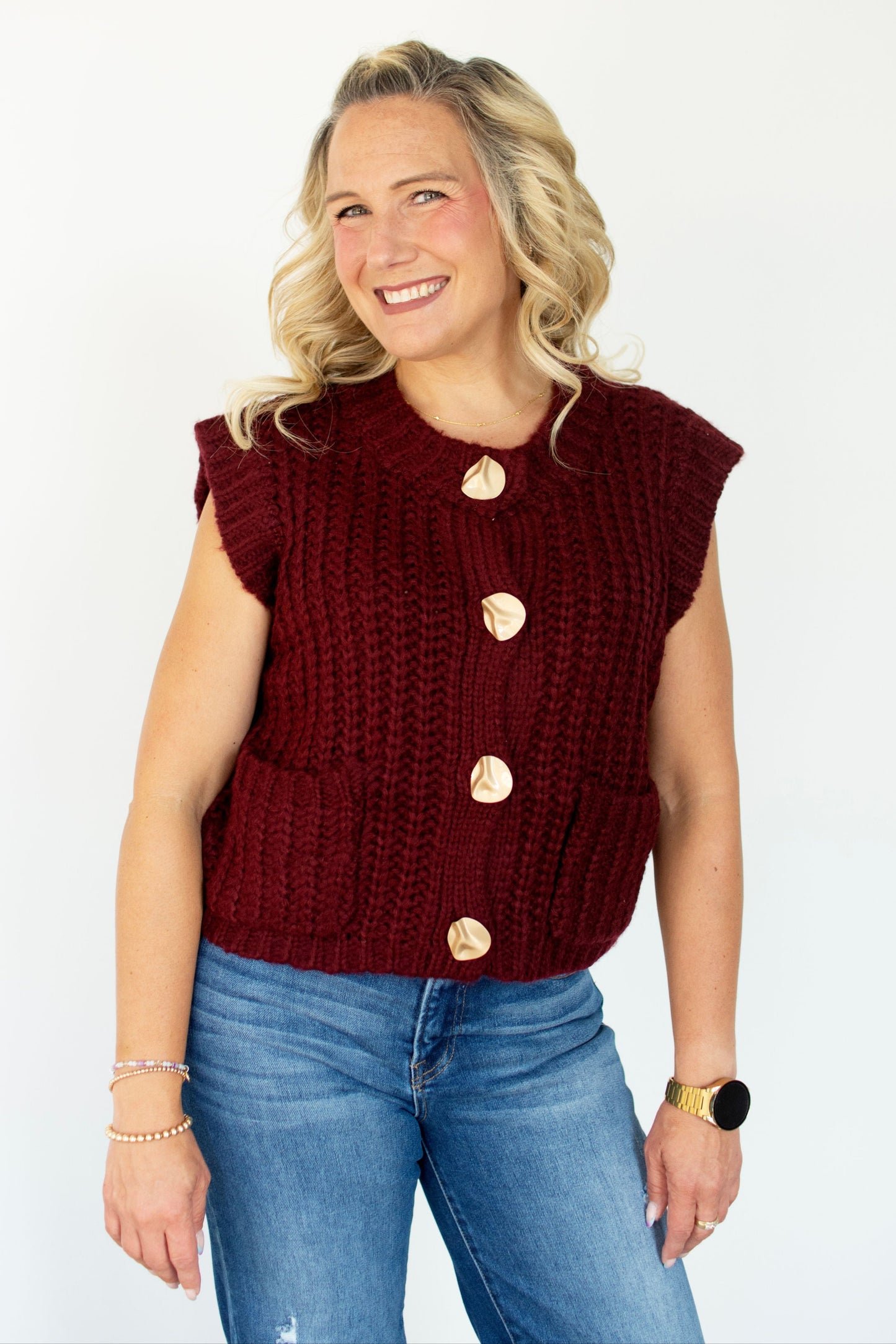 Wine Chunky Knit Vest w/Gold Buttons