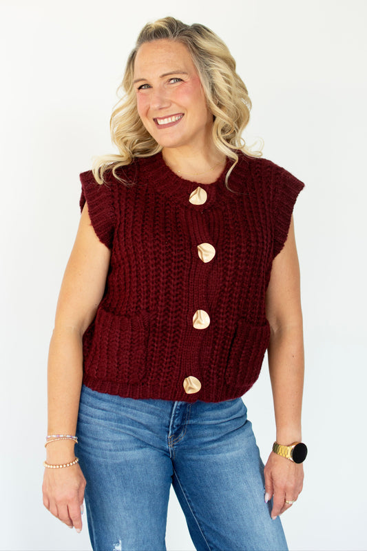 Wine Chunky Knit Vest w/Gold Buttons