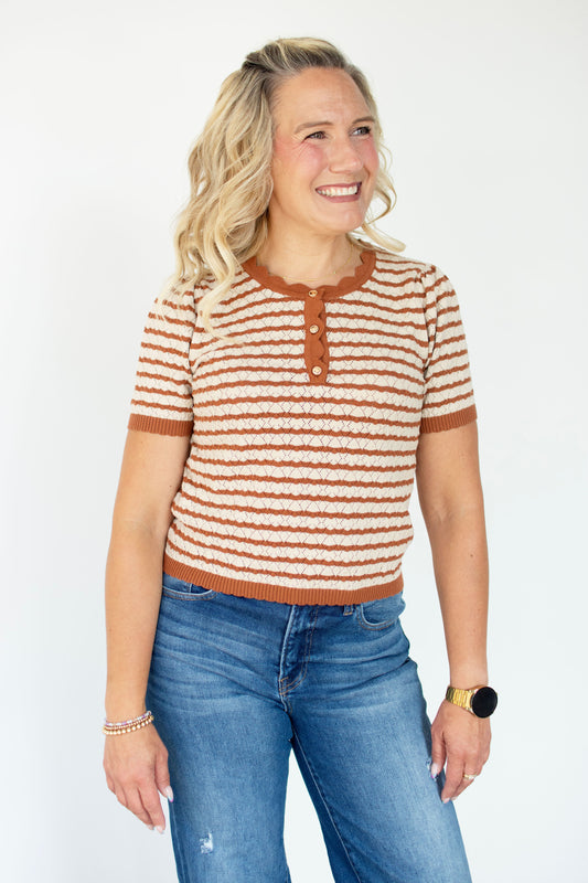 Camel Striped Scallop Edge Top