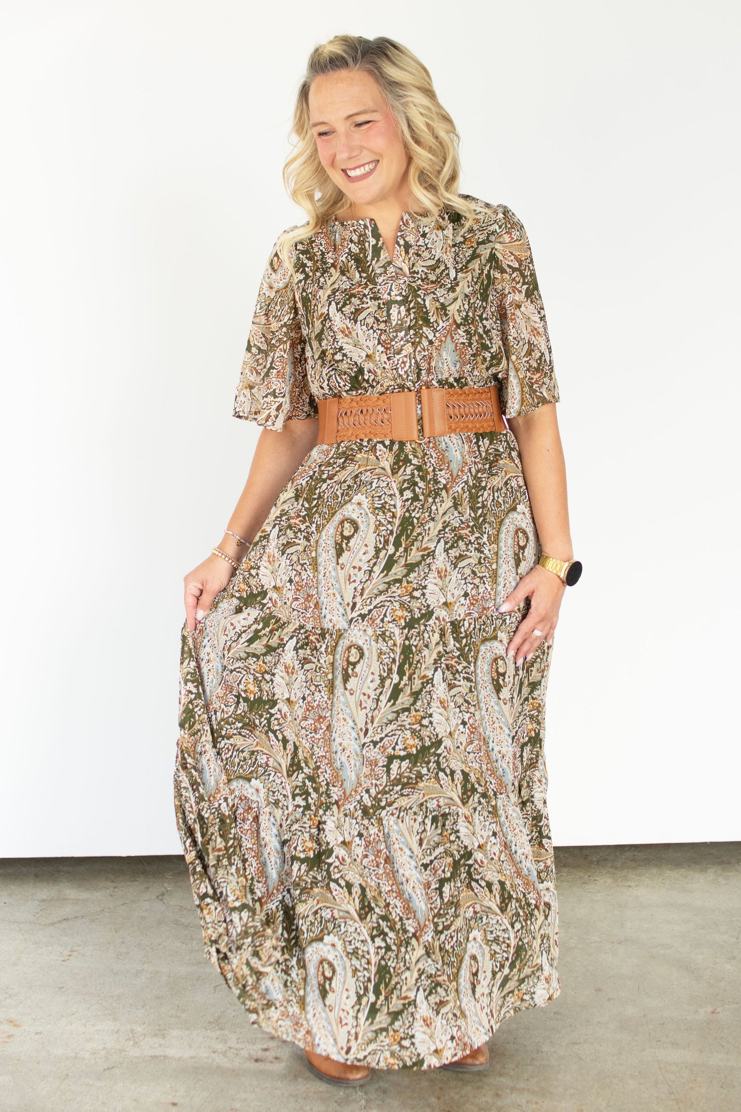 Olive Paisley Flutter Sleeve Maxi Dress
