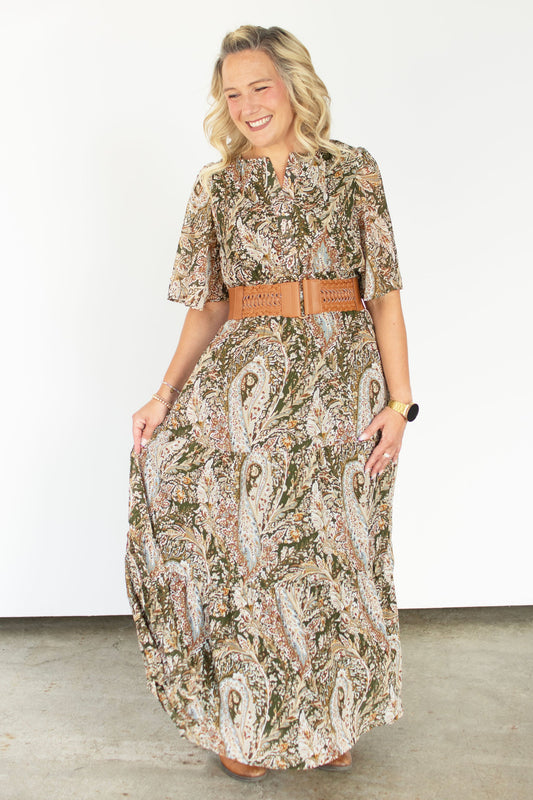 Olive Paisley Flutter Sleeve Maxi Dress