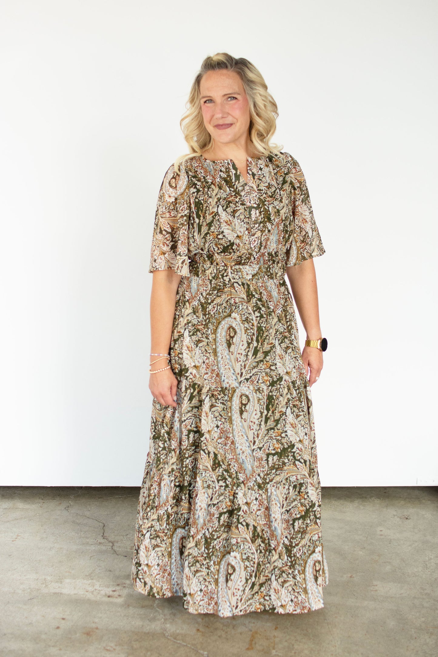 Olive Paisley Flutter Sleeve Maxi Dress