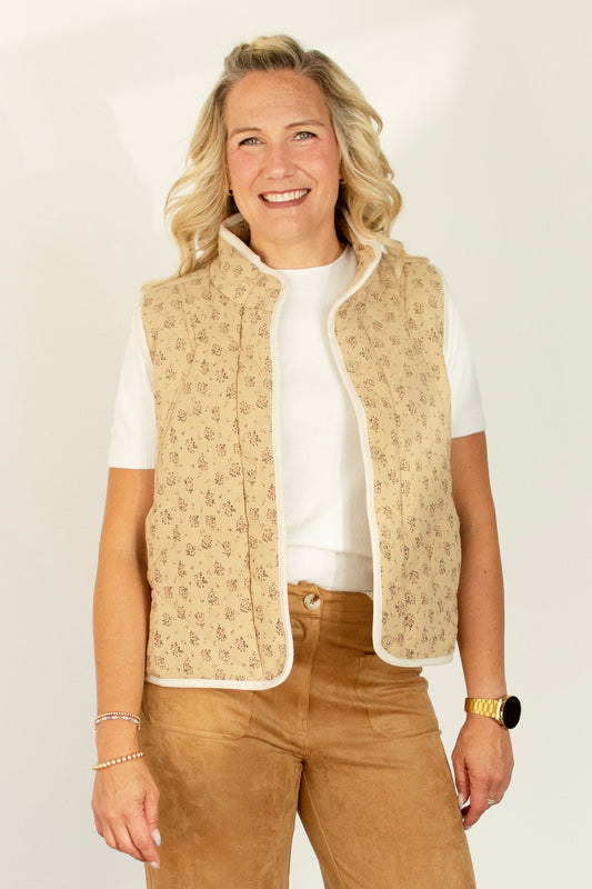 Tan Quilted Floral Vest