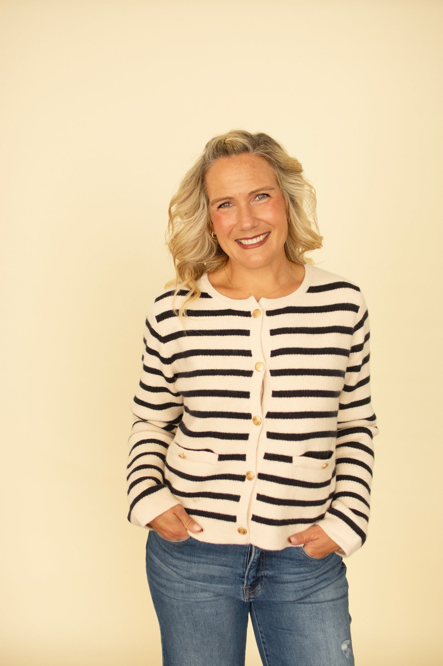 Navy Striped Gold Button Cardigan