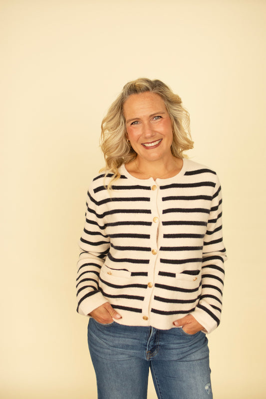 Navy Striped Gold Button Cardigan