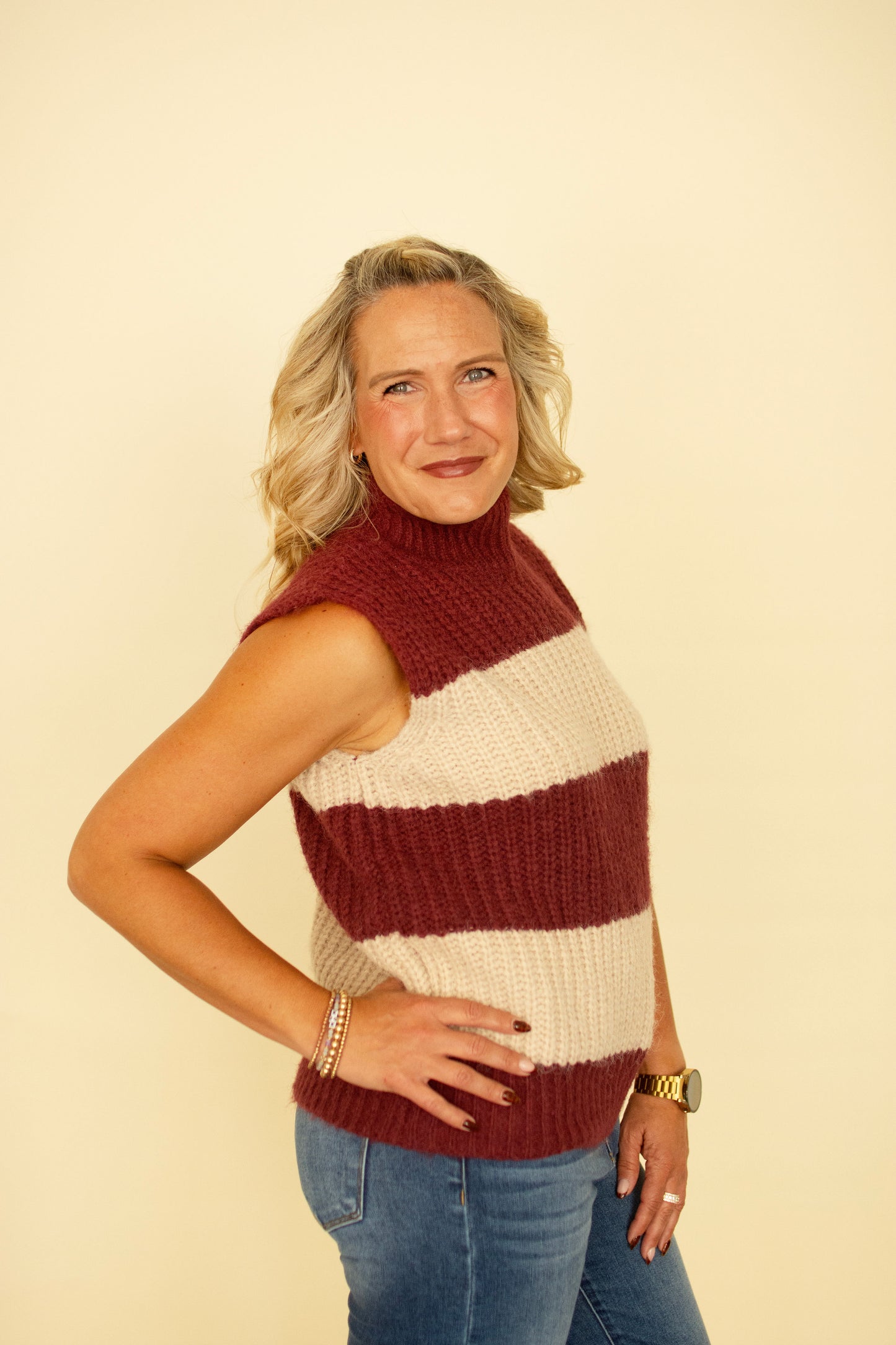 Sleeveless Mock Wine Striped Top