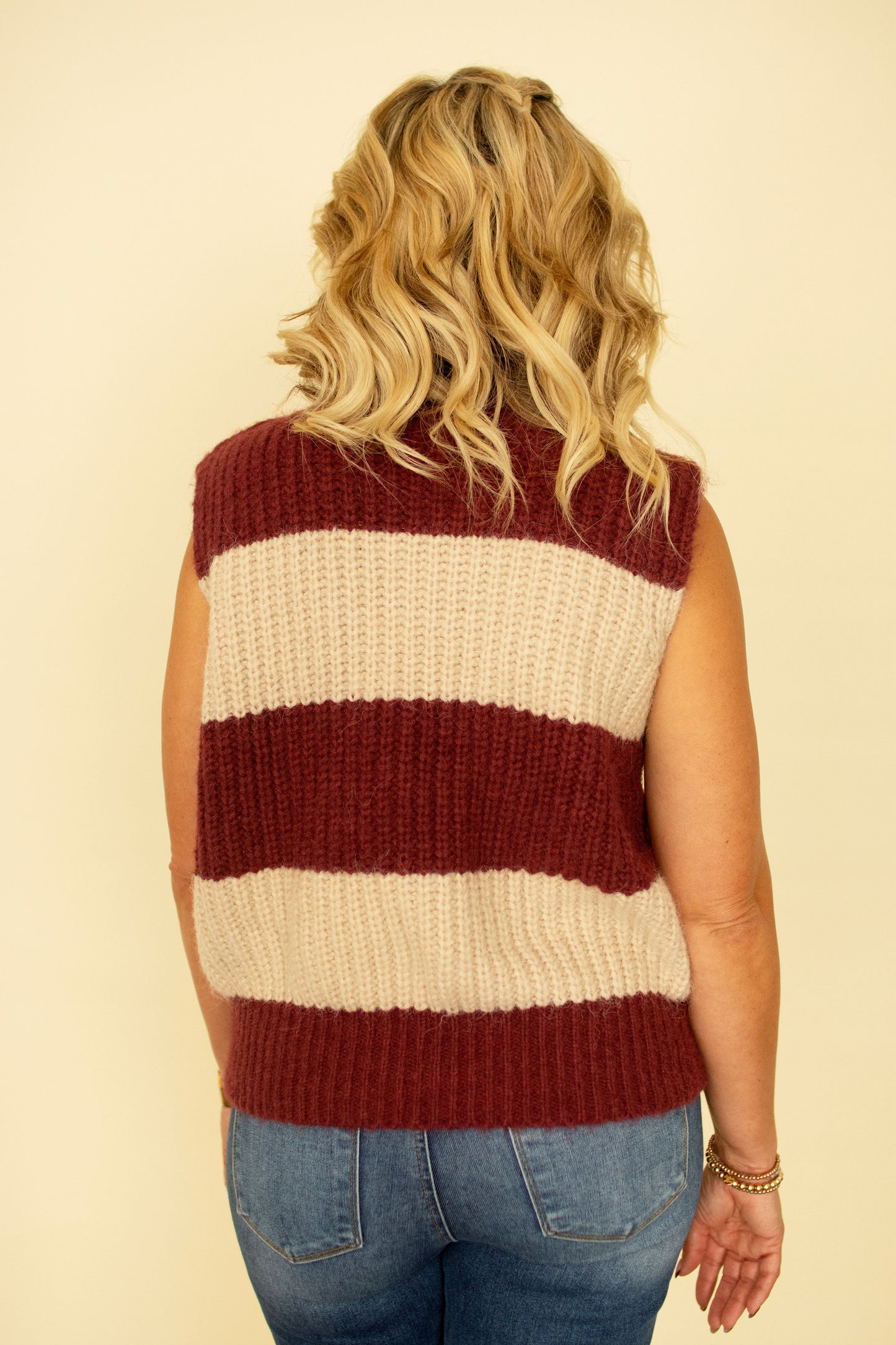Sleeveless Mock Wine Striped Top