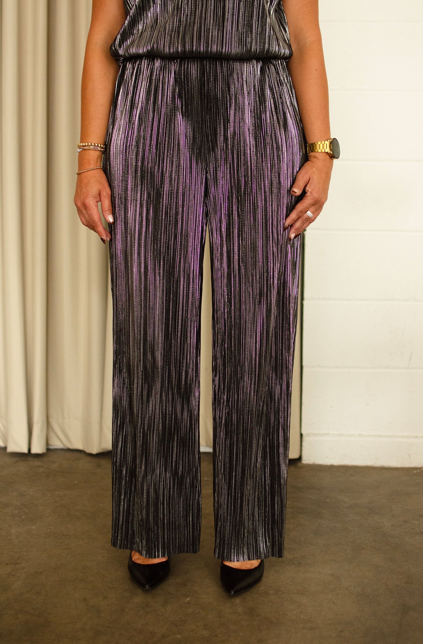 Black & Silver Metallic Flowy Pants