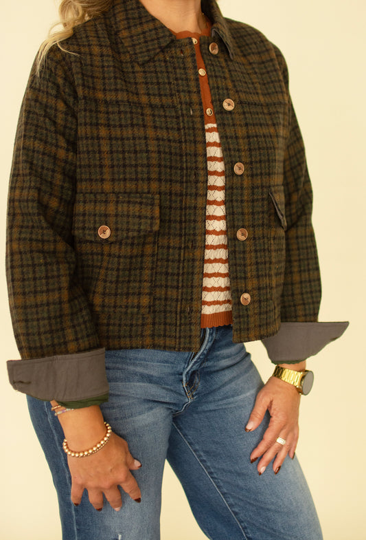 Green Plaid Button-Down Jacket