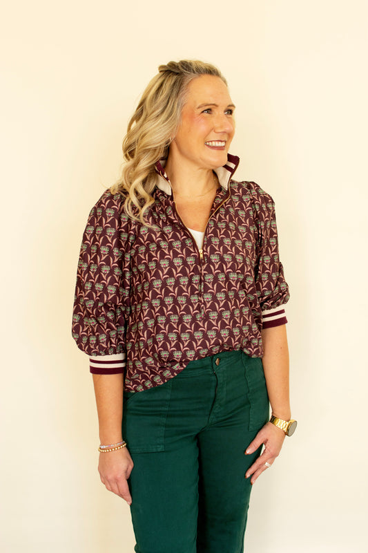 Merlot Floral Print 3/4 Zip Front Top