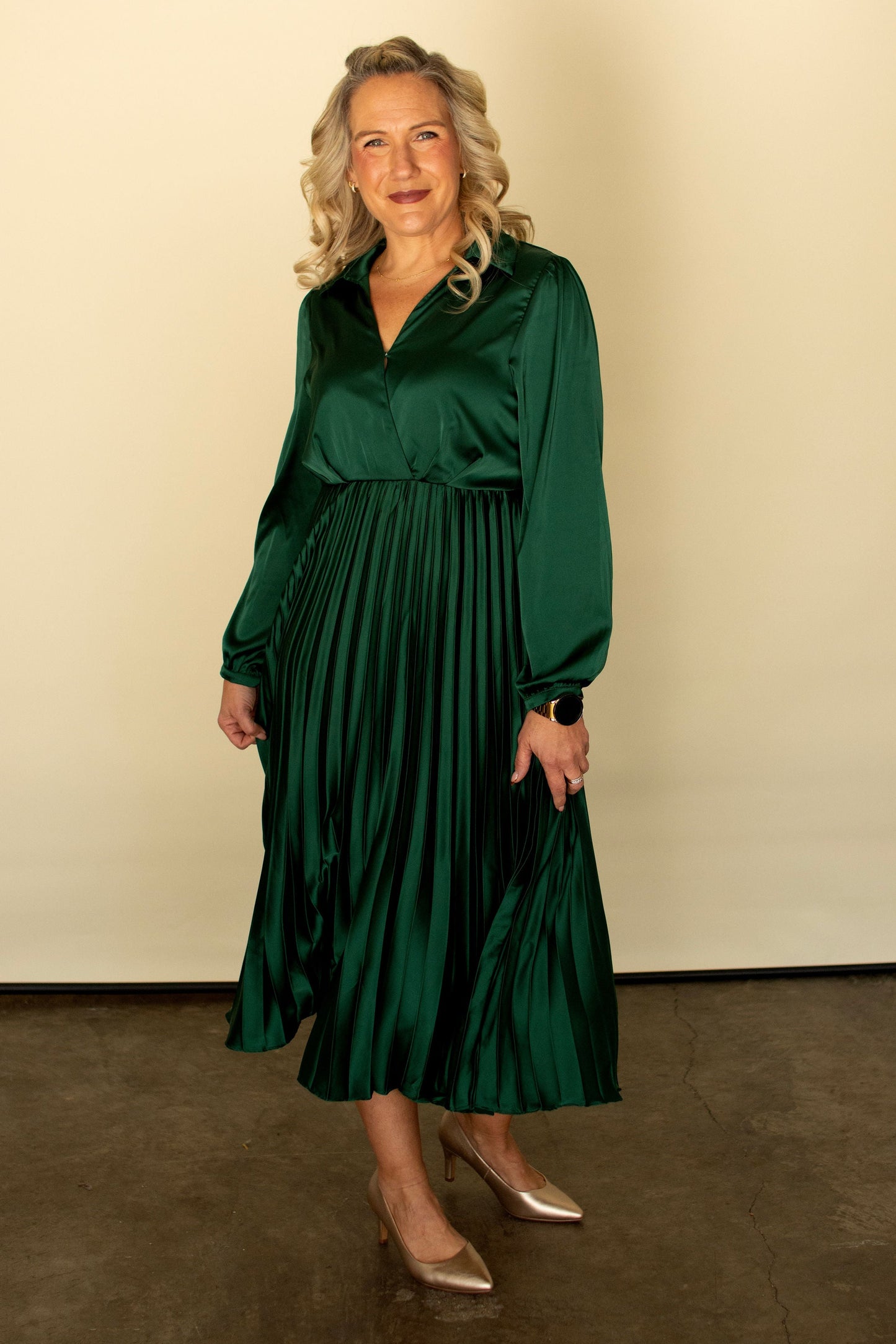 Emerald Green Satin Midi Dress