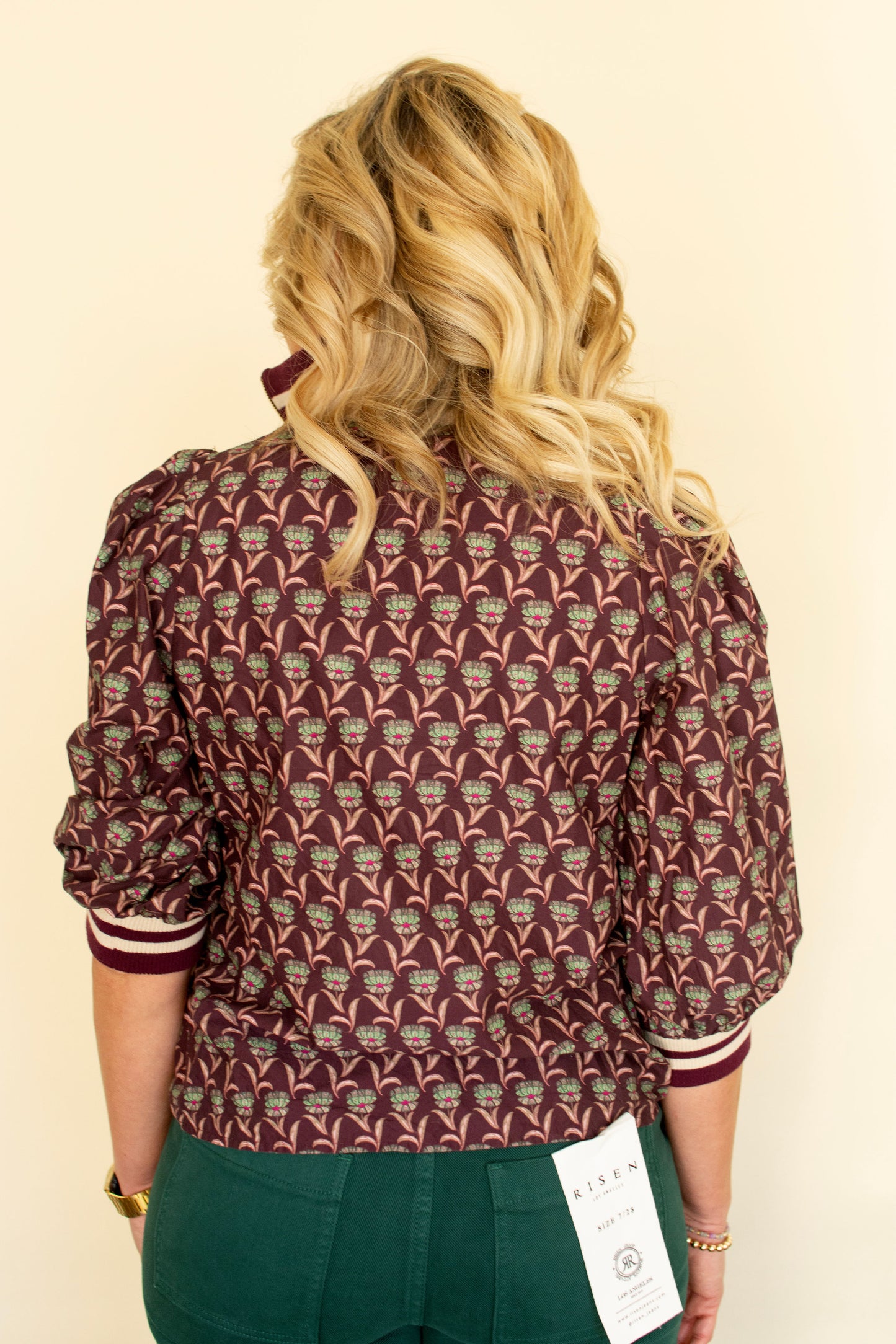 Merlot Floral Print 3/4 Zip Front Top