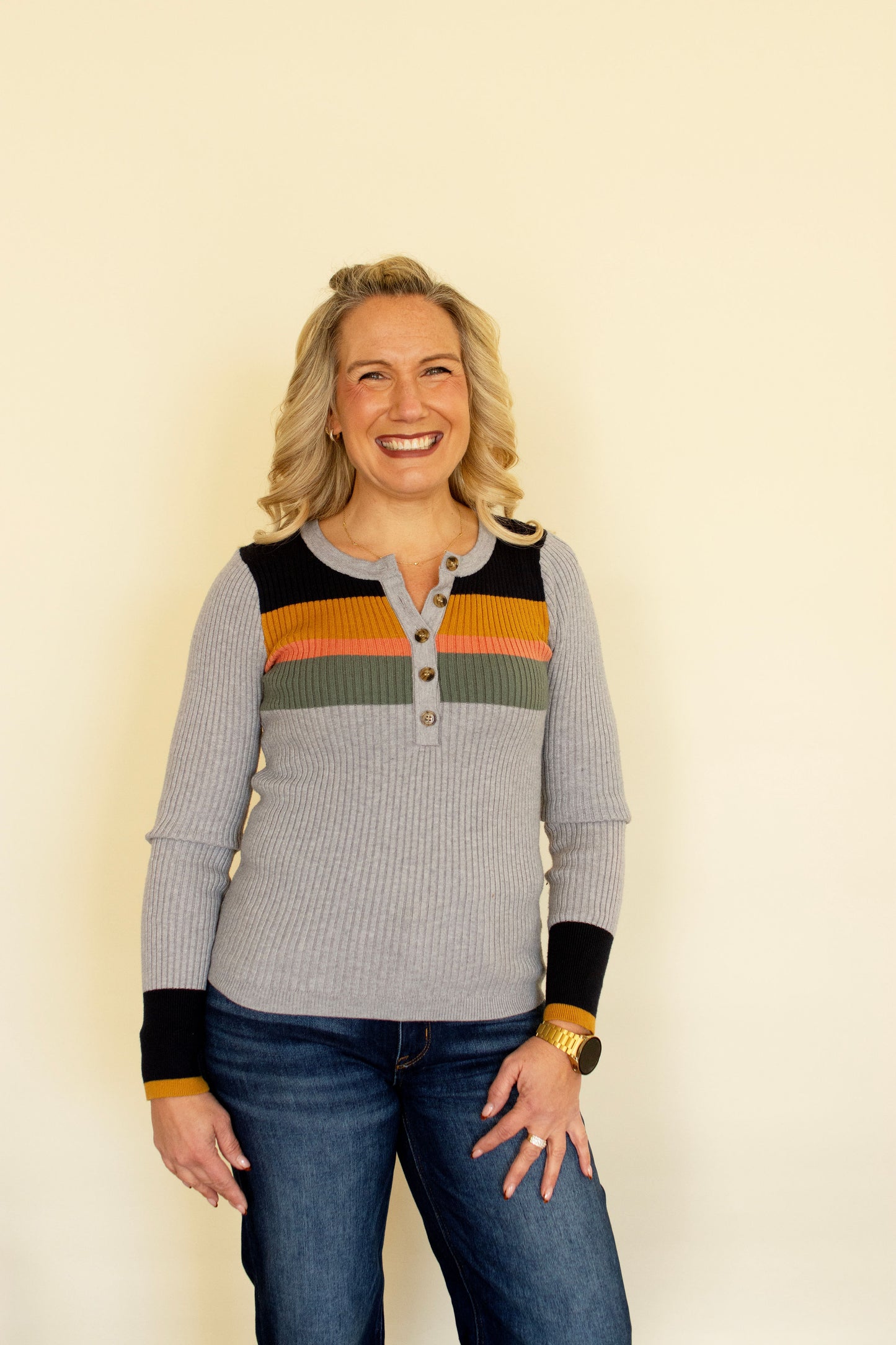 Grey Striped Henley Top