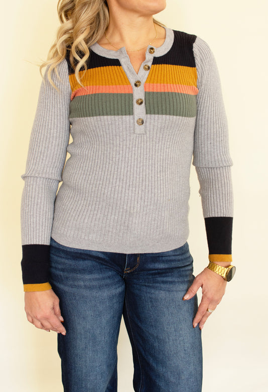 Grey Striped Henley Top