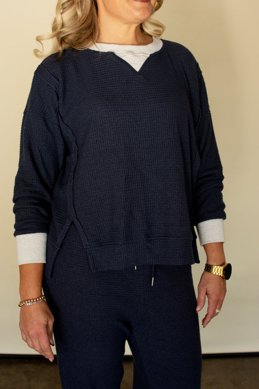 Navy Brushed Waffle Knit Top