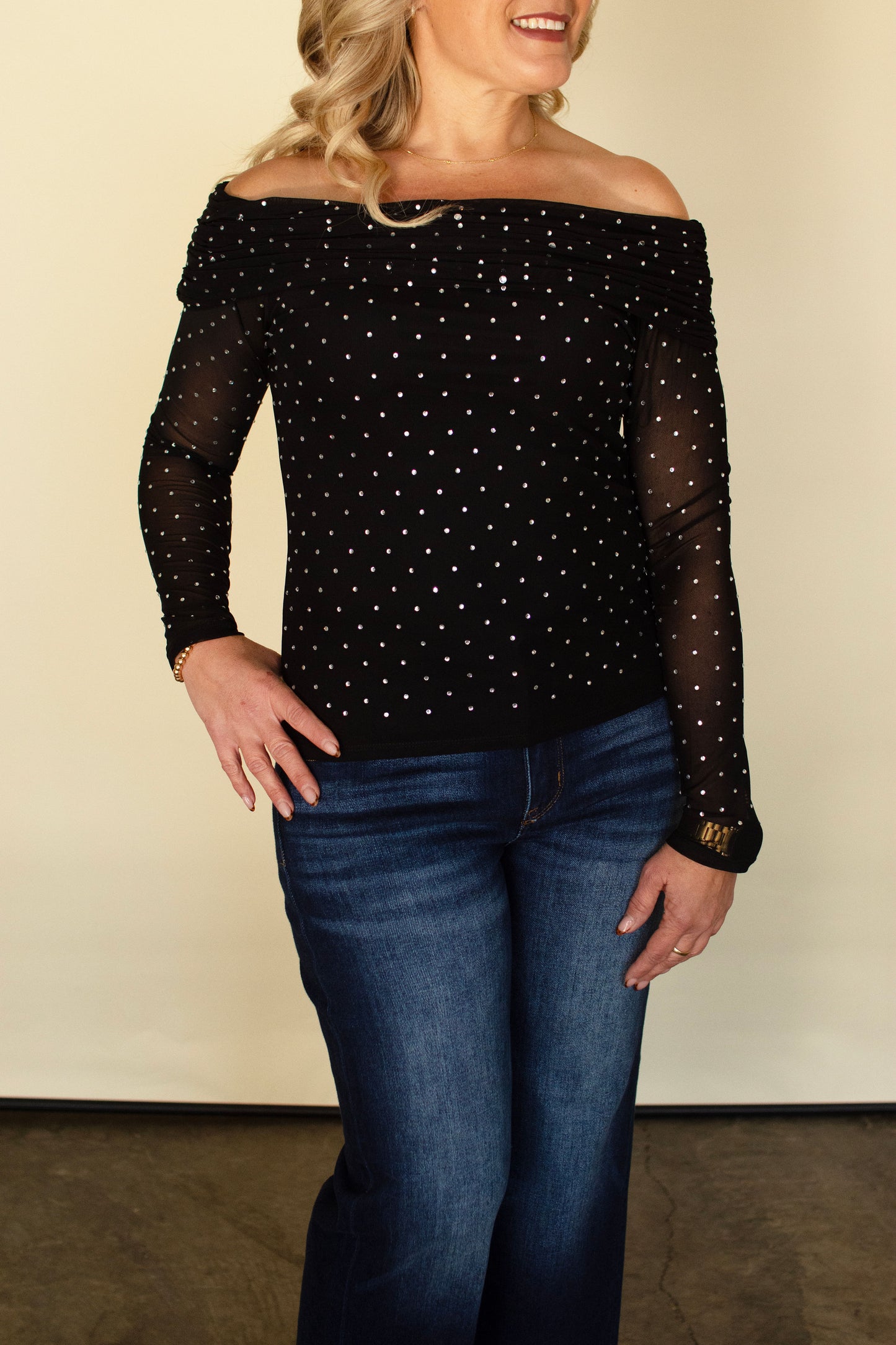 Black Embellished Off the Shoulder Top