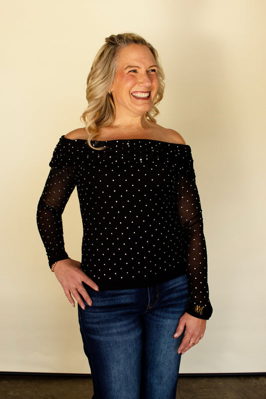 Black Embellished Off the Shoulder Top