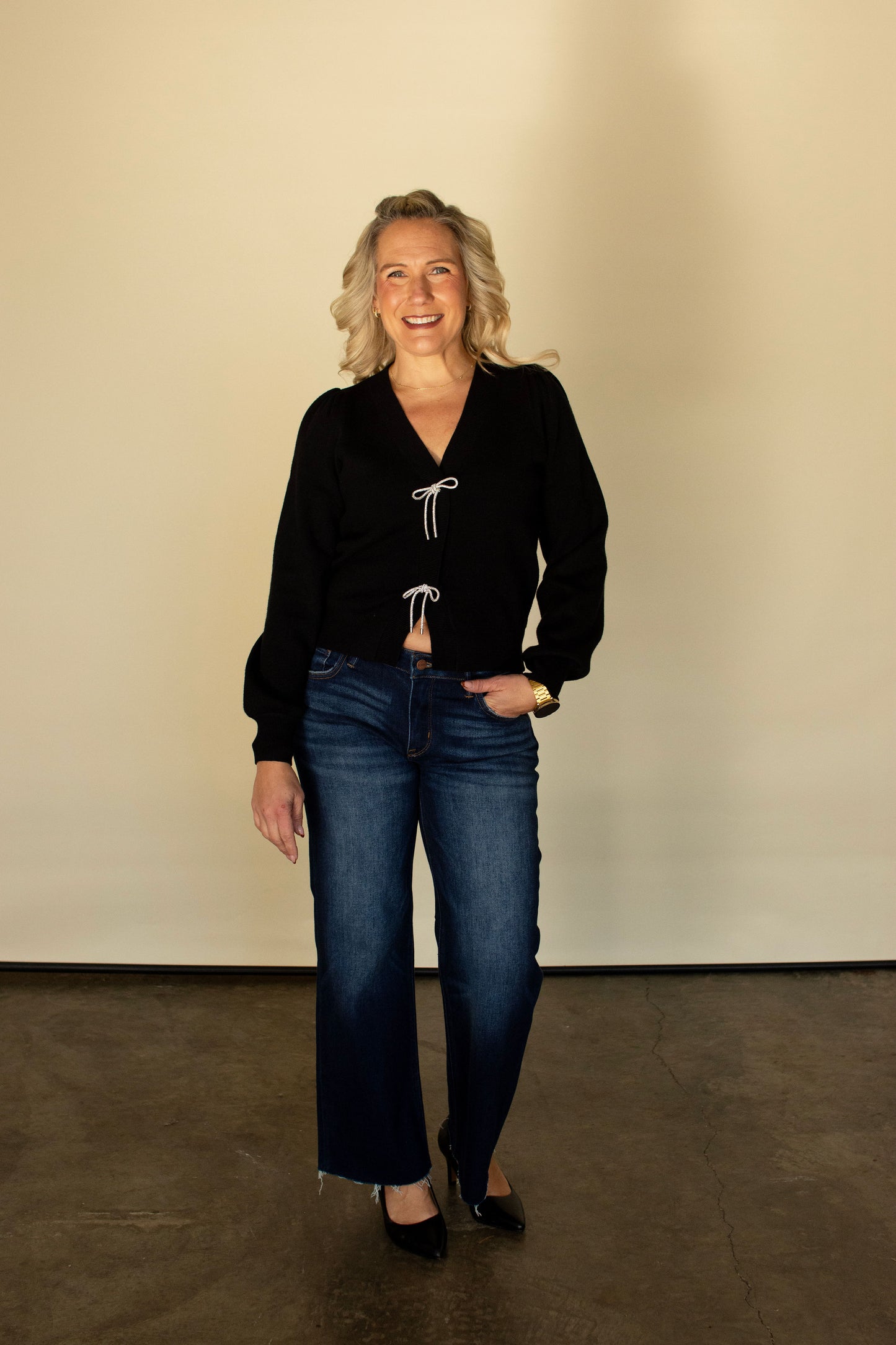 Black Cardigan with Rhinestone Bow Buttons