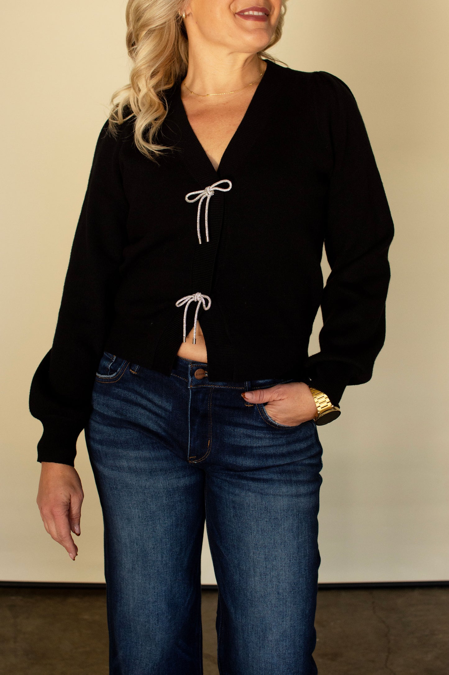 Black Cardigan with Rhinestone Bow Buttons