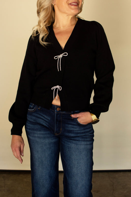 Black Cardigan with Rhinestone Bow Buttons