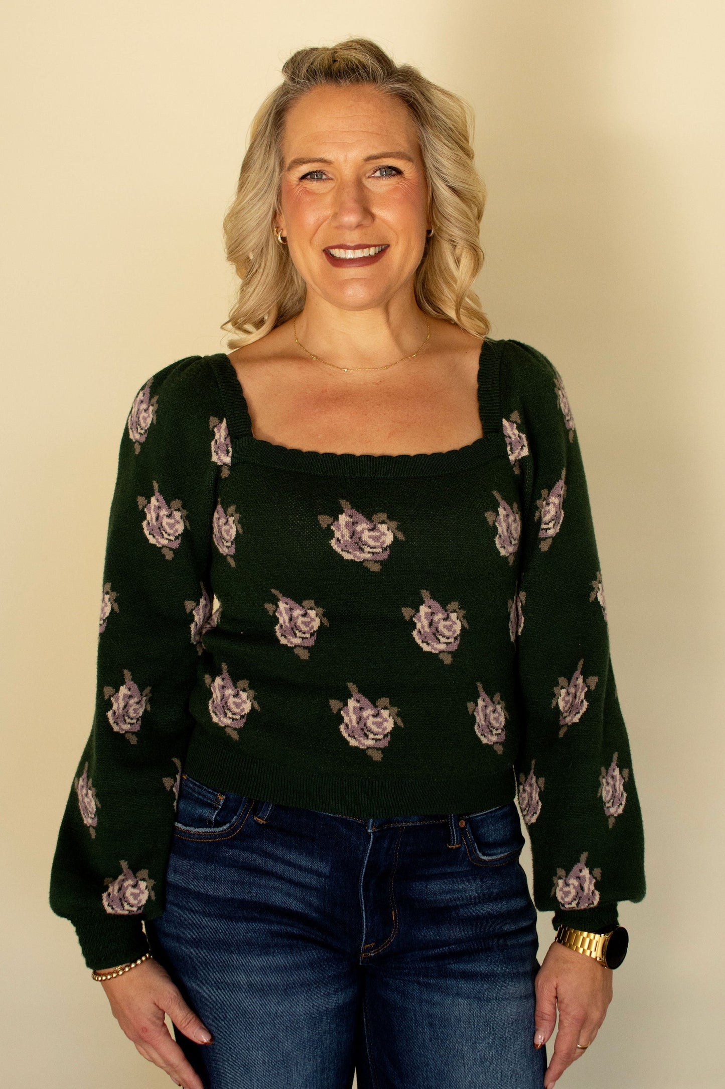 Hunter Green Square Neck Floral Sweater