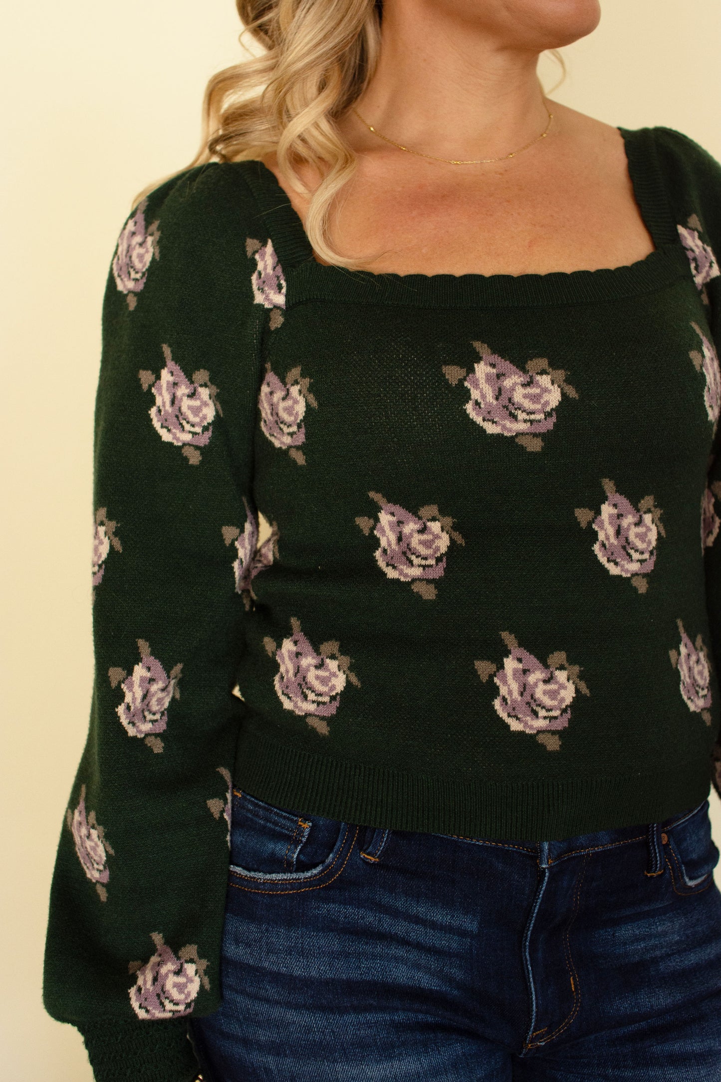 Hunter Green Square Neck Floral Sweater