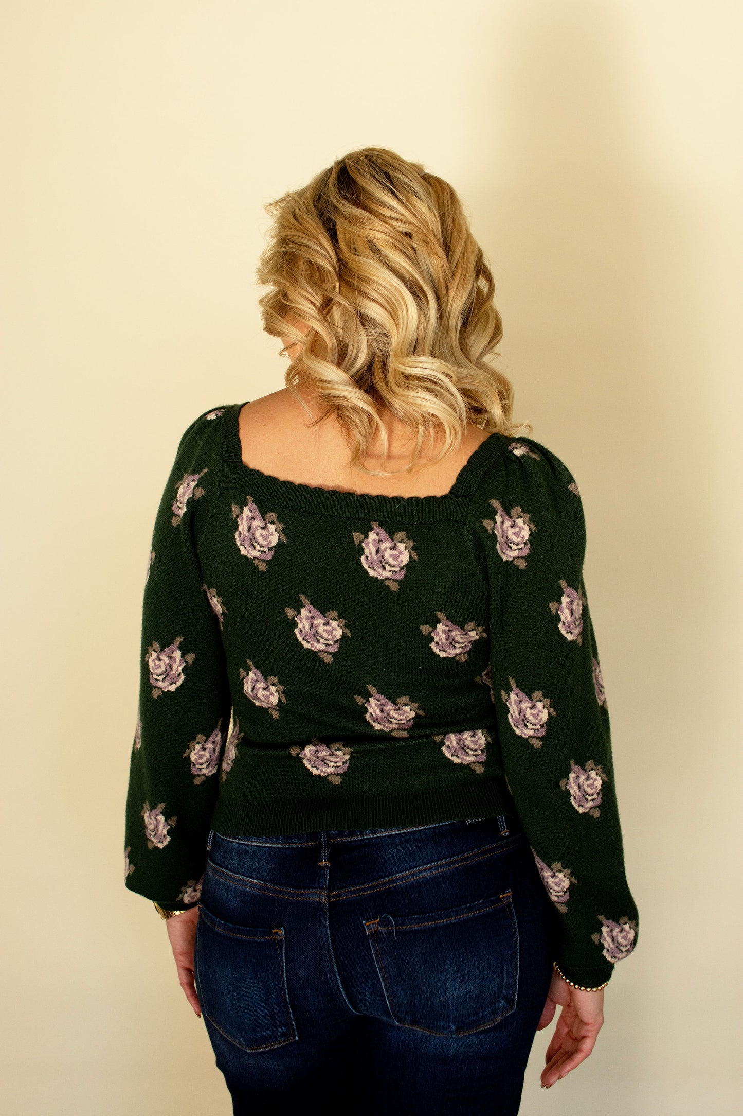 Hunter Green Square Neck Floral Sweater