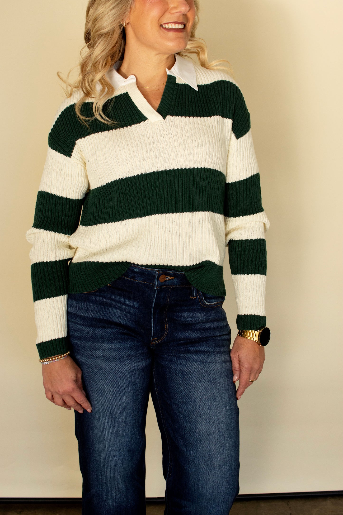 Green Striped Ribbed Knit Sweater
