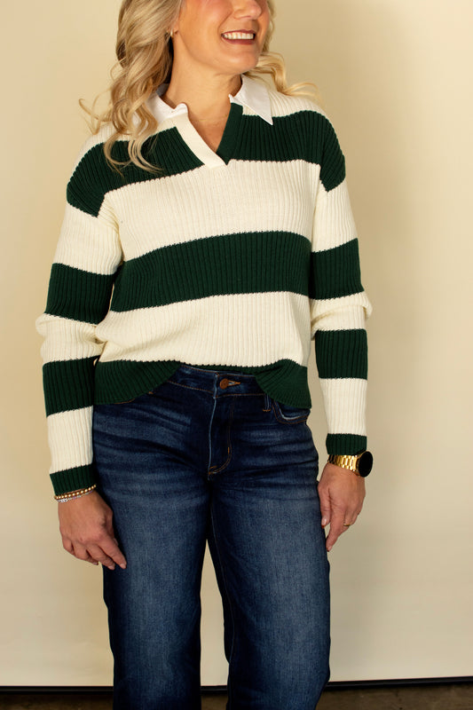 Green Striped Ribbed Knit Sweater
