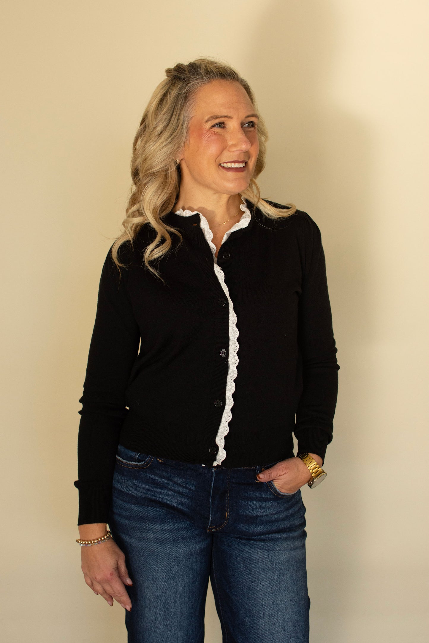 Soft Black Cardigan w/ Lace Detail