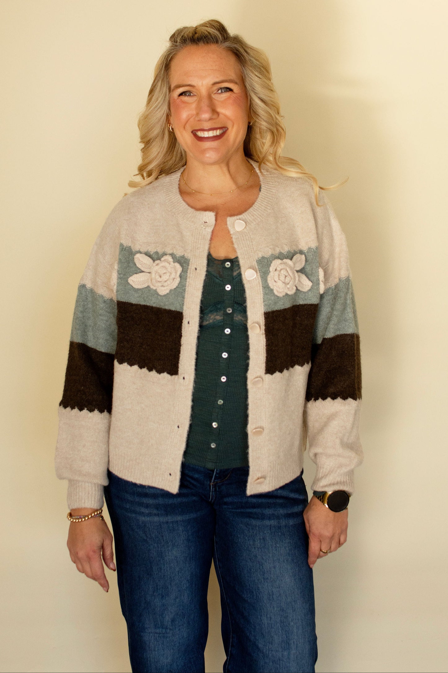 Oatmeal Colorblock Rosette Cardigan