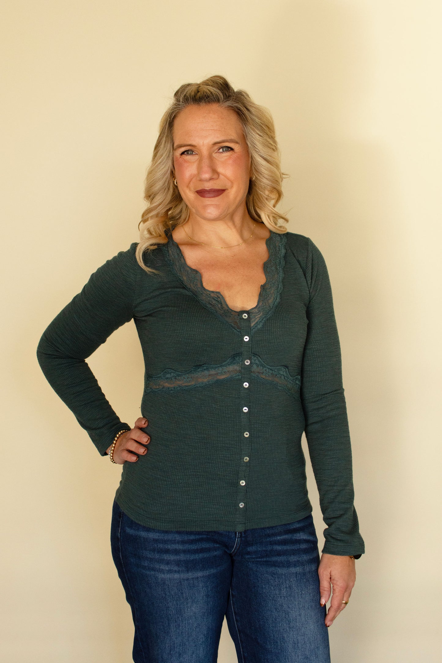 Green Lace Trimmed Ribbed Top