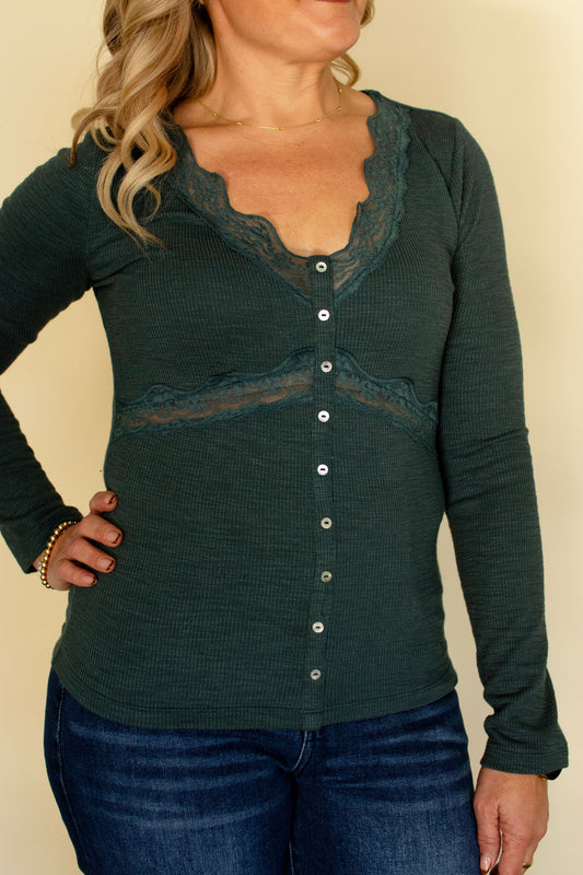 Green Lace Trimmed Ribbed Top