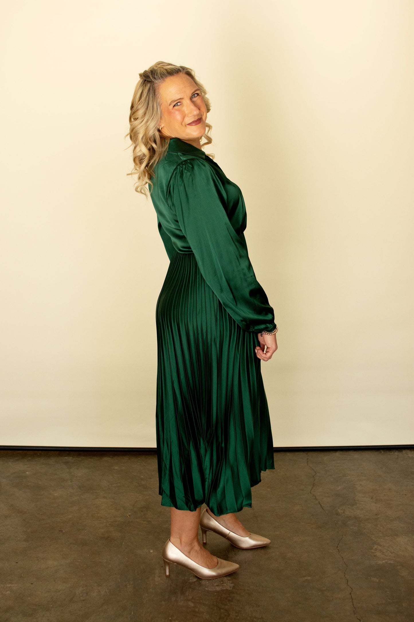 Emerald Green Satin Midi Dress