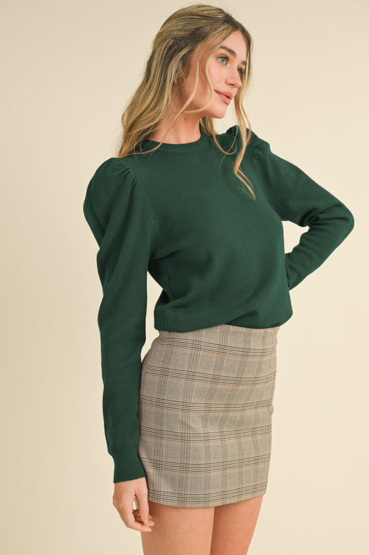 Forest Green Puff Sleeve Crew Neck Sweater