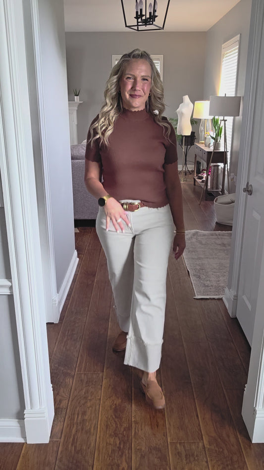 Cinnamon Mock Neck Scallop Edge Top