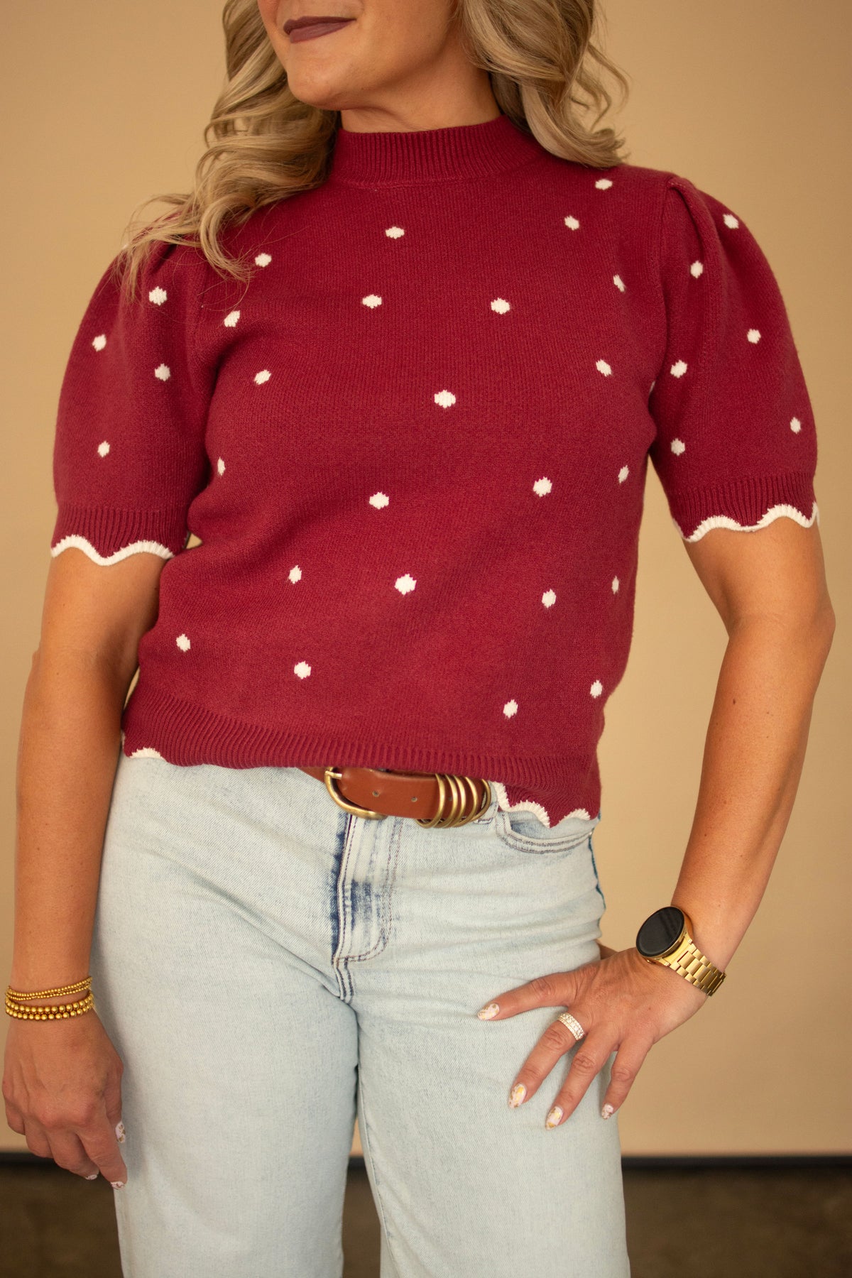 Wine Scallop Edge Polka Dot Top