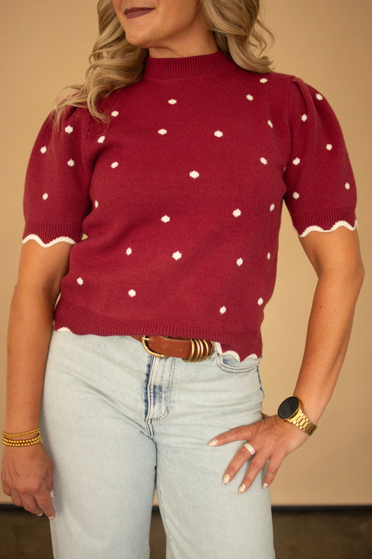 Wine Scallop Edge Polka Dot Top