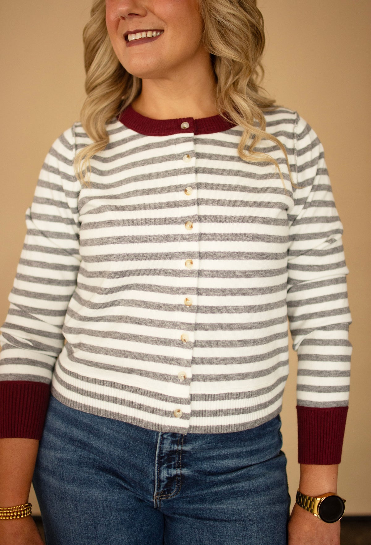 Heather Grey & Off White Striped Cardigan