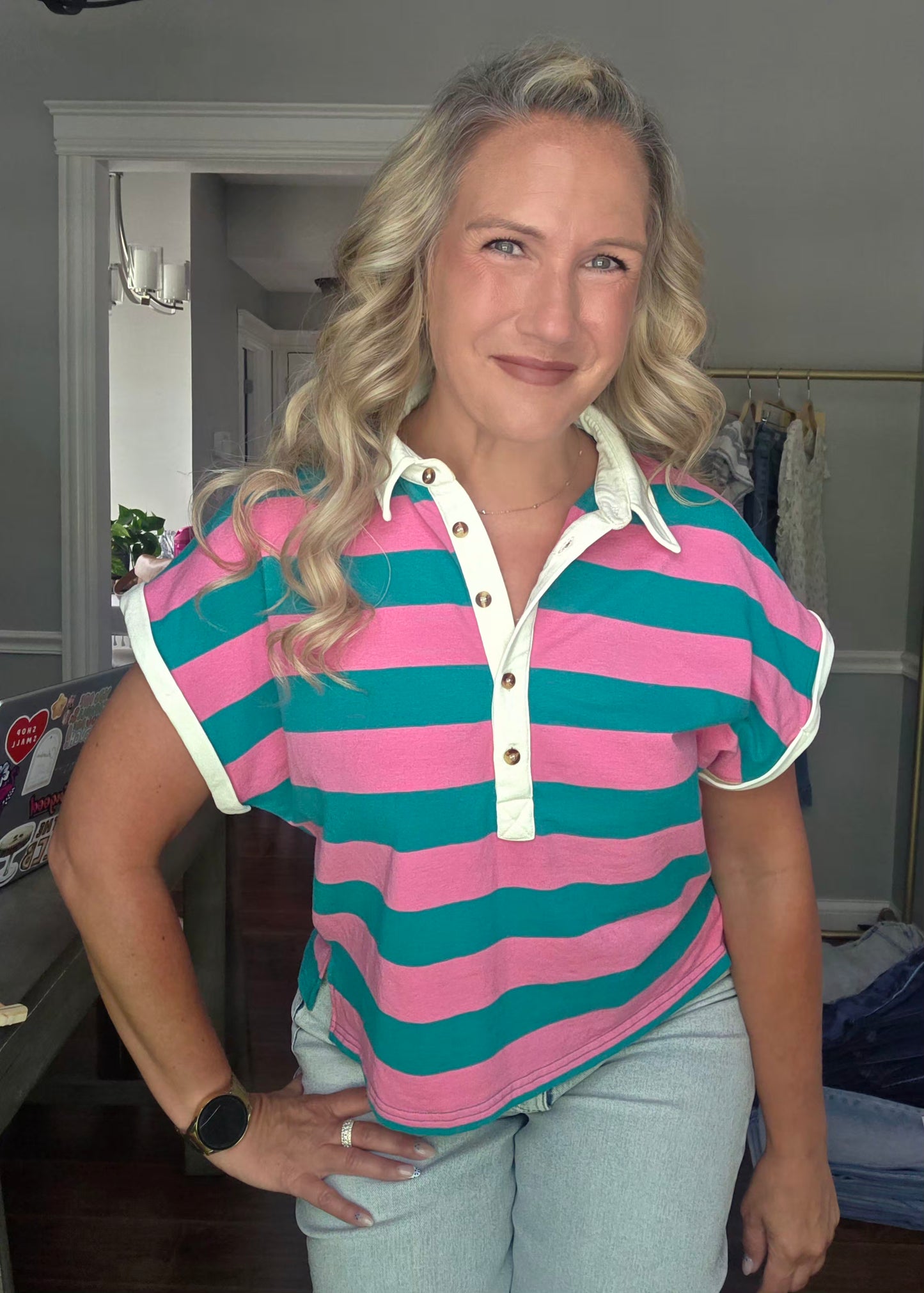 Pink & Aqua Striped Polo
