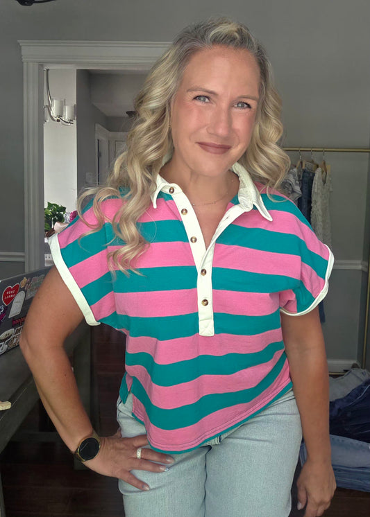 Pink & Aqua Striped Polo