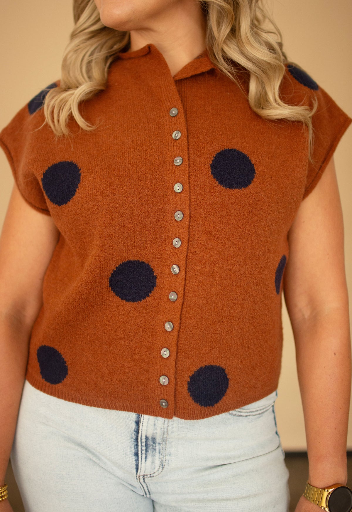 Camel Cardigan w/ Navy Polka Dots